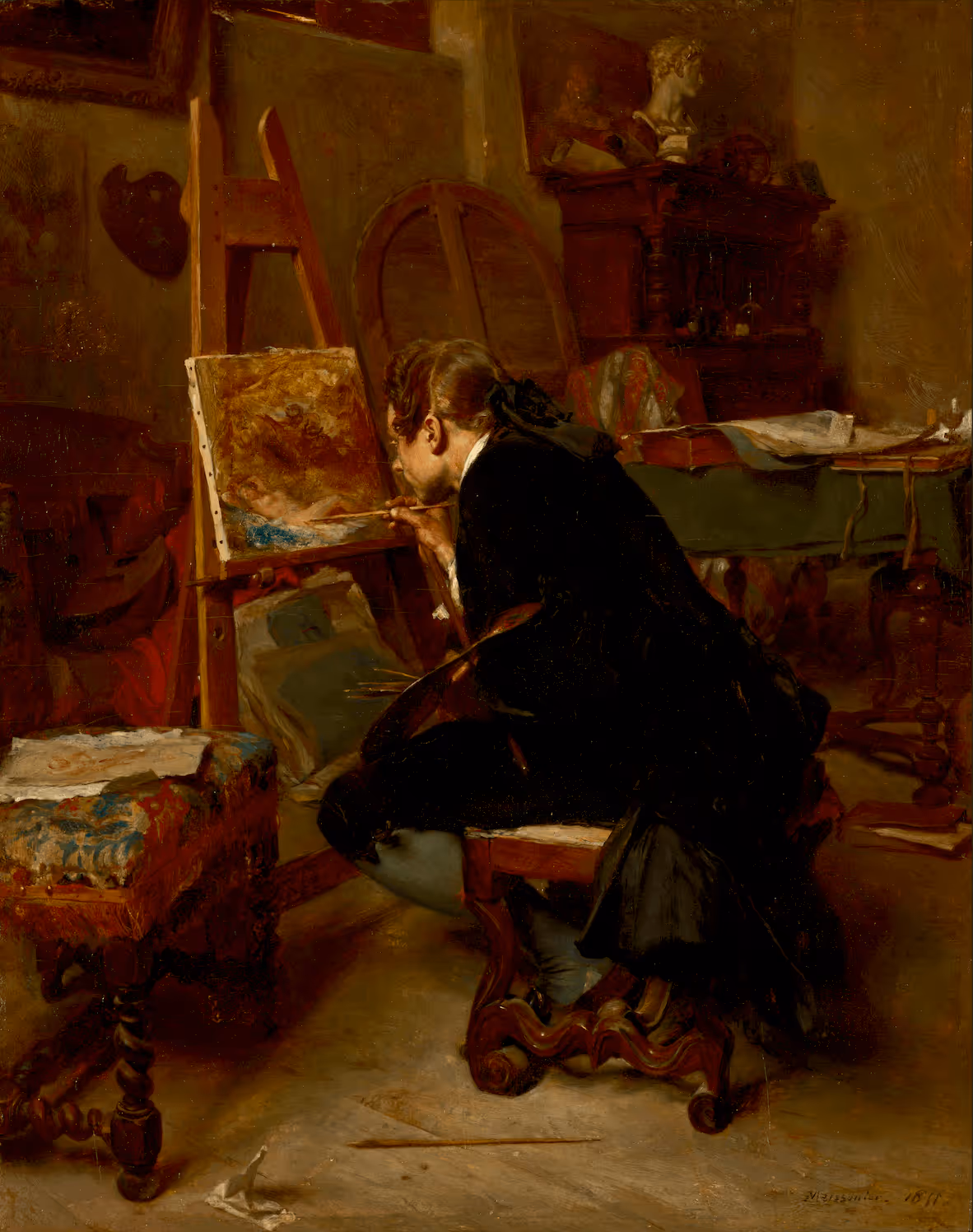 Oil painting of an artist at his easel working on a portrait in his studio, A Painter by Ernest Meissonier, 1855