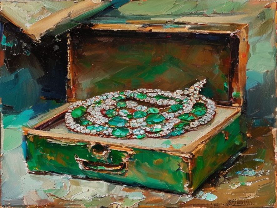 Oil painting of an elegant still-life of diamond necklaces and emerald rings spilling from a velvet jewelry box