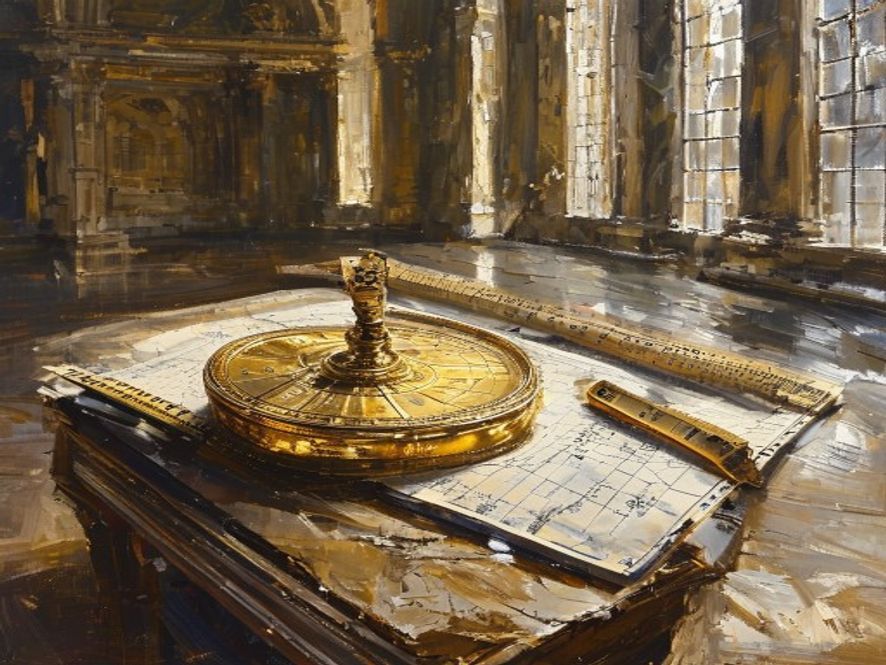 Oil painting of a gilded astrolabe and antique calipers on architectural drawings in a grand marble gallery hall