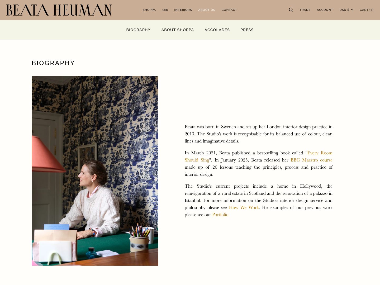 Screenshot of the Beata Heuman About page (beataheuman.com)