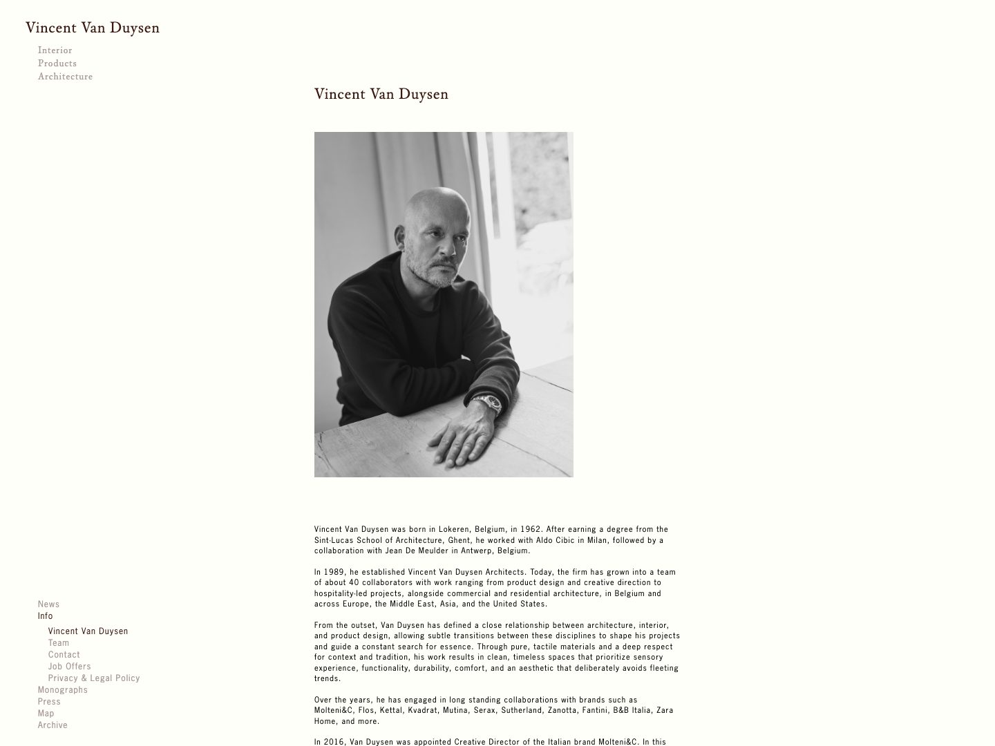 Screenshot of the Vincent Van Duysen About page (vincentvanduysen.com)
