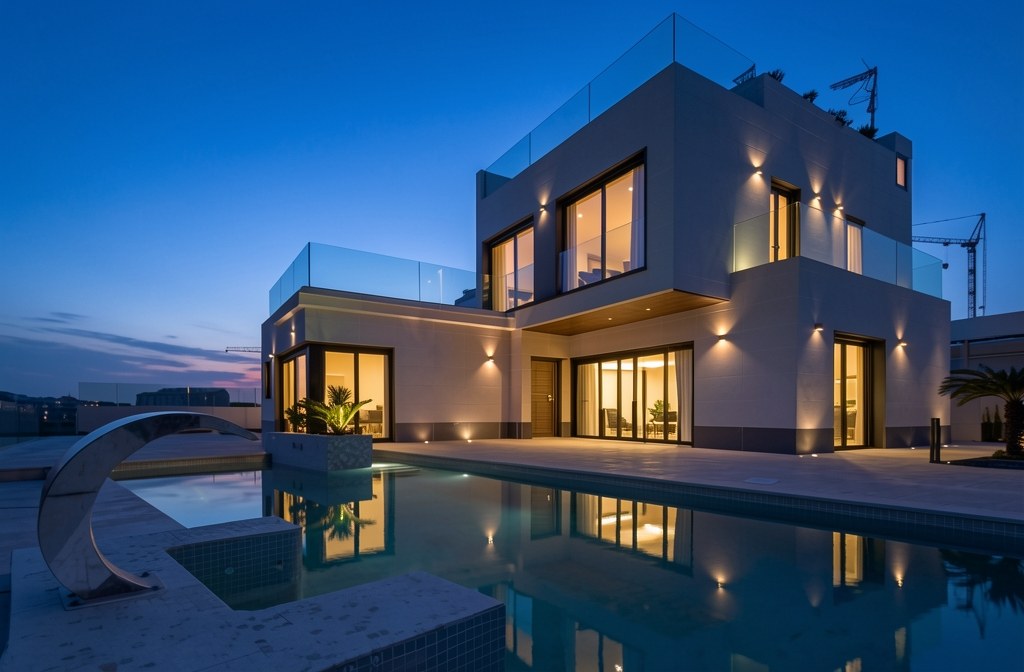Virtual twilight conversion of a modern villa exterior