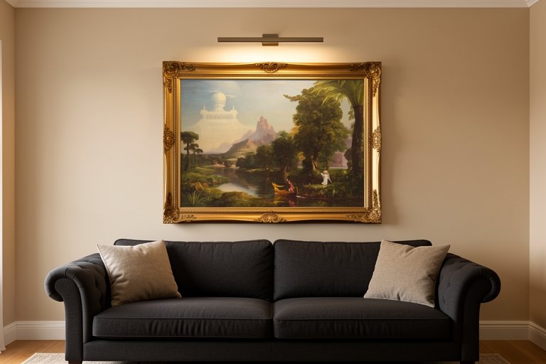 The same painting shown framed in gold above a sofa in an AI-generated interior