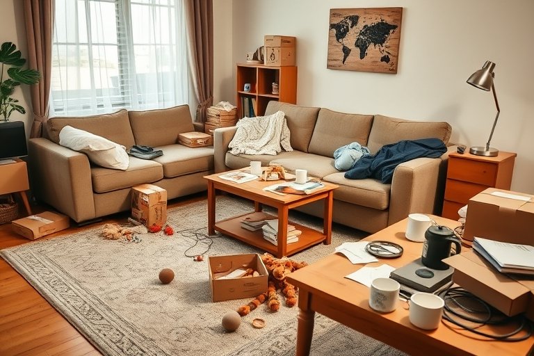 A lived-in living room with boxes, toys and laundry before decluttering