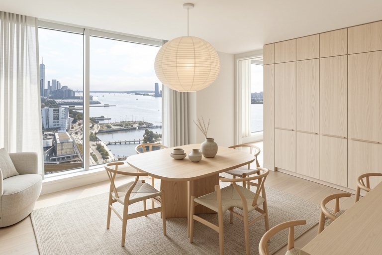 The same dining space redesigned by AI in Japandi style