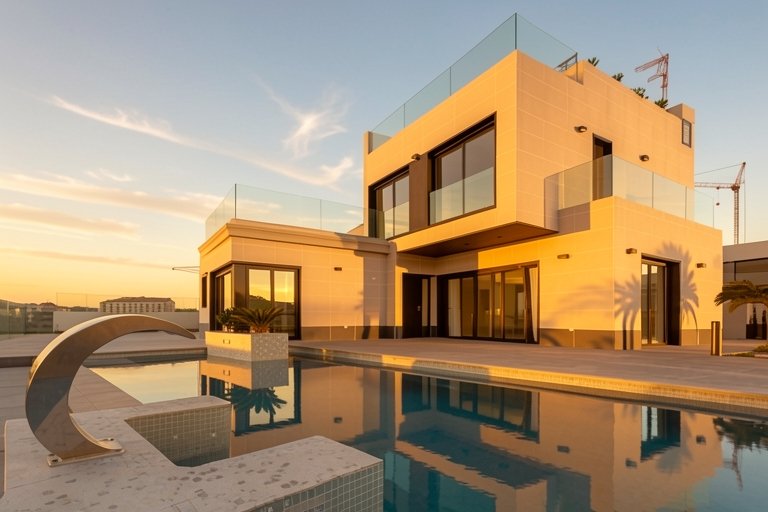 The same villa relit by AI to warm golden hour light