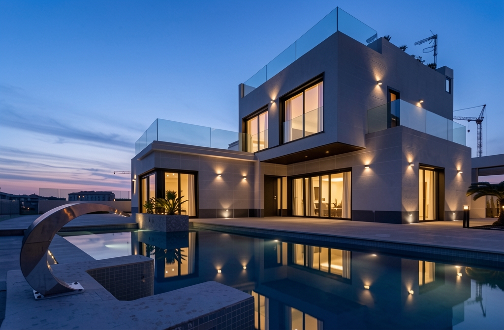 AI-generated twilight version of the same villa, not a real dusk photograph